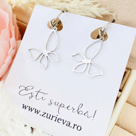 Cercei Fluturi Argintii - Otel Inoxidabil, Cercei Surub, Cercei Dama, Bijuterii Inox [1]