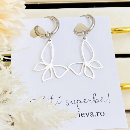 Cercei Fluturi Argintii - Otel Inoxidabil, Cercei Surub, Cercei Dama, Bijuterii Inox [2]