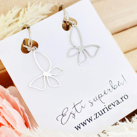 Cercei Fluturi Argintii - Otel Inoxidabil, Cercei Surub, Cercei Dama, Bijuterii Inox [4]