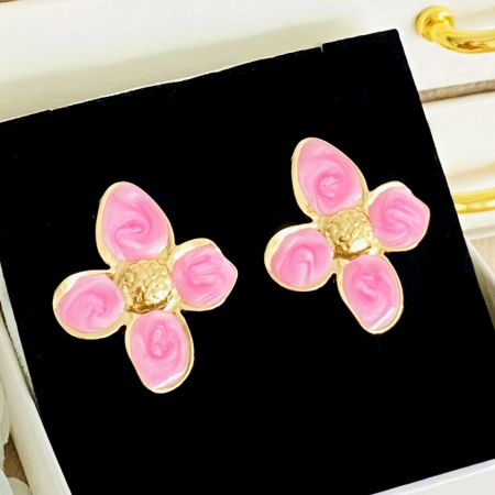 Cercei Flori Roz - Otel Inoxidabil, Cercei Surub, Cercei Dama, Bijuterii Inox [3]