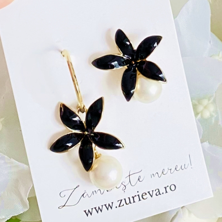 CERCEI - Cercei Flori Email Negru, Cercei Dama, Bijuterii Femei