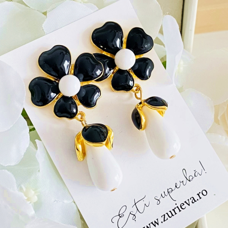 CERCEI - Cercei Lungi Flori Negre, Cercei Lungi Dama, Bijuterii Femei