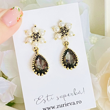 CERCEI - Cercei Flori Perle & Cristale Gri, Cercei Dama, Bijuterii Femei