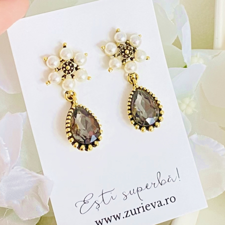 Cercei Flori Perle & Cristale Gri, Cercei Dama, Bijuterii Femei [3]
