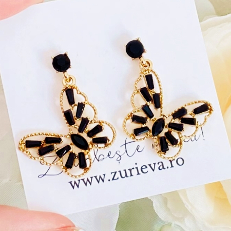 CERCEI - Cercei Fluturi Cristale Negre, Cercei Dama, Bijuterii Femei