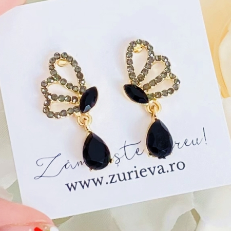 CERCEI - Cercei Fluturi Cristale Negre, Cercei Dama, Bijuterii Femei