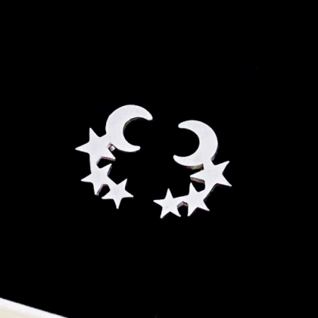 Cercei Luna & Stele Argintii - Otel Inoxidabil, Cercei Surub, Cercei Dama, Bijuterii Inox [1]