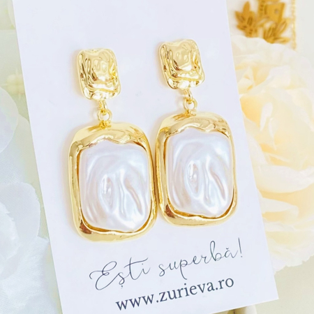 CERCEI - Cercei Lungi Aurii Albi, Cercei Dama, Bijuterii Femei