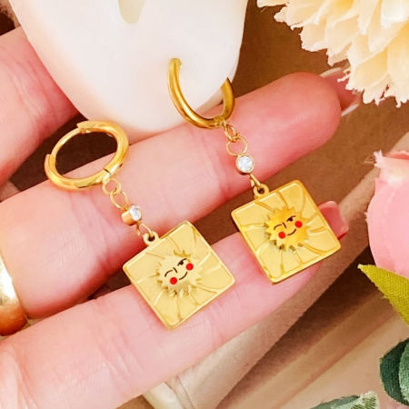 Cercei Soare Auriu - Otel Inoxidabil, Cercei Surub, Cercei Dama, Bijuterii Inox [2]