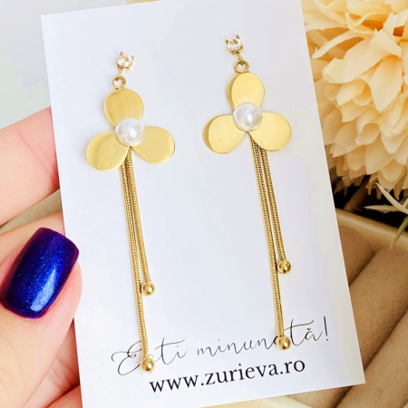 Cercei Eleganti Lungi Floare Perla - Otel Inoxidabil, Cercei Surub, Cercei Dama, Bijuterii Inox [6]