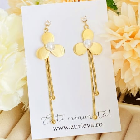 Cercei Eleganti Lungi Floare Perla - Otel Inoxidabil, Cercei Surub, Cercei Dama, Bijuterii Inox [1]