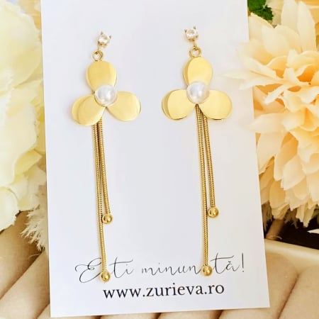 Cercei Eleganti Lungi Floare Perla - Otel Inoxidabil, Cercei Surub, Cercei Dama, Bijuterii Inox [7]
