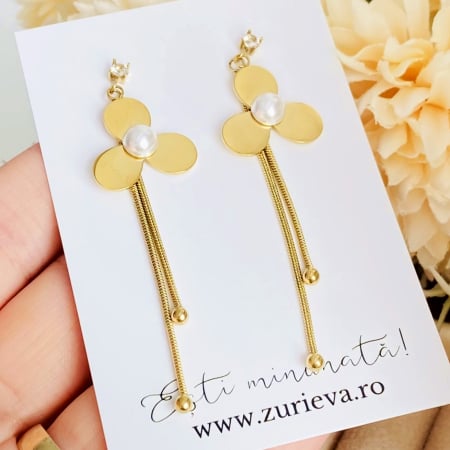 Cercei Eleganti Lungi Floare Perla - Otel Inoxidabil, Cercei Surub, Cercei Dama, Bijuterii Inox [4]