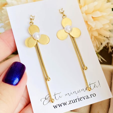 Cercei Eleganti Lungi Floare Perla - Otel Inoxidabil, Cercei Surub, Cercei Dama, Bijuterii Inox [3]