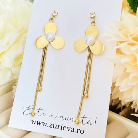 Cercei Eleganti Lungi Floare Perla - Otel Inoxidabil, Cercei Surub, Cercei Dama, Bijuterii Inox [8]