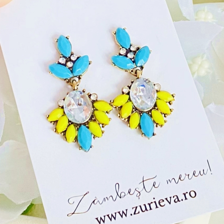 Cercei Mia Cristale Albastre Galbene, Cercei Dama, Bijuterii Femei [2]