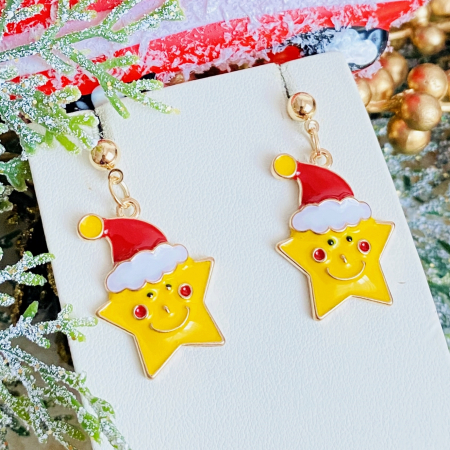 BIJUTERII - Cercei Stele Galbene Craciun, Cercei Craciun Secret Santa, Cercei Dama
