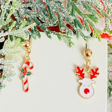 BIJUTERII - Cercei Ren Candy Cane, Cercei Craciun Secret Santa, Cercei Dama