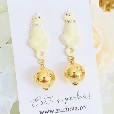 Cercei Pisici Albe & Perla Aurie, Cercei Dama, Bijuterii Femei [3]