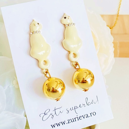 Cercei Pisici Albe & Perla Aurie, Cercei Dama, Bijuterii Femei [1]