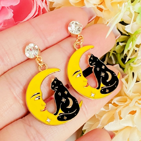 Martisor Cercei Pisici Negre & Luna Galbena, Cercei Dama, Bijuterii Femei [3]