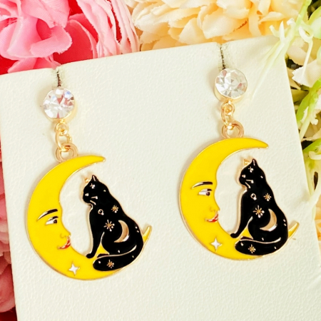 BIJUTERII - Martisor Cercei Pisici Negre & Luna Galbena, Cercei Dama, Bijuterii Femei