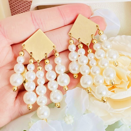 Cercei Romb & Perle Albe, Cercei Mari Dama, Bijuterii Femei [4]