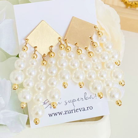 Cercei Romb & Perle Albe, Cercei Mari Dama, Bijuterii Femei [3]