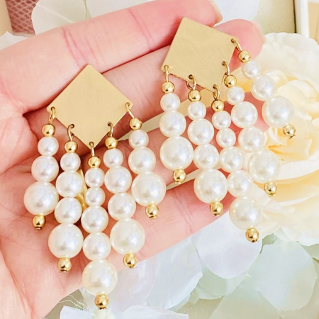 CERCEI - Cercei Romb & Perle Albe, Cercei Mari Dama, Bijuterii Femei