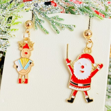 BIJUTERII - Cercei Mos Craciun Ren Muzica, Cercei Craciun Secret Santa, Cercei Dama