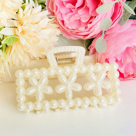 ACCESORII PAR - Clama Par Alba Dreptunghi Flori, Accesorii Par, Clame de Par