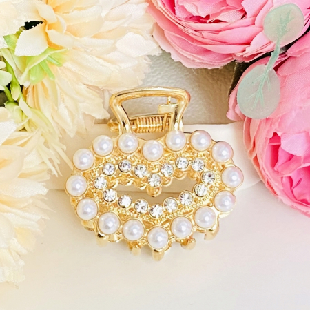 ACCESORII PAR - Clama Par Aurie Mini - Inima Perle Cristale, Accesorii Par, Clame de Par