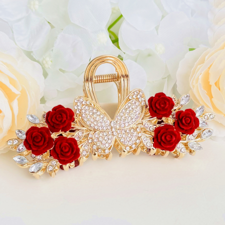 ACCESORII PAR - Clama Par Fluture & Flori Rosii, Accesorii Par, Clama Metal