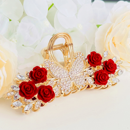 Clama Par Fluture & Flori Rosii, Accesorii Par, Clama Metal [2]