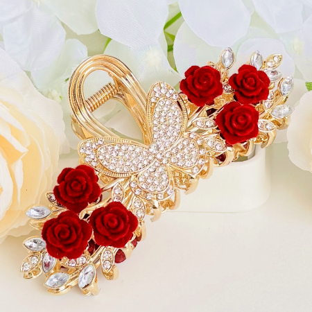 Clama Par Fluture & Flori Rosii, Accesorii Par, Clama Metal [1]