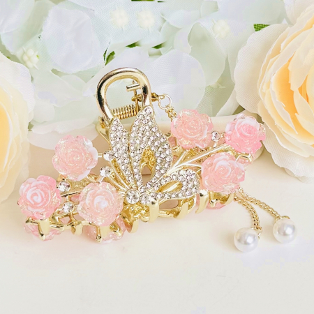 ACCESORII PAR - Clama Par Fluture & Flori Roz, Accesorii Par, Clama Metal