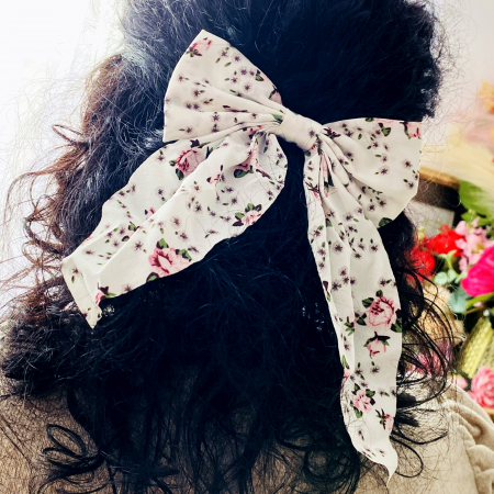 ACCESORII PAR - Clama Par Fundita Alba cu Floricele, Accesorii Par, Clama metal