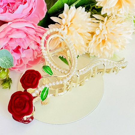 Clama Par Trandafiri Rosii & Perle, Agrafa de Par, Accesorii Par, Clama metal [6]