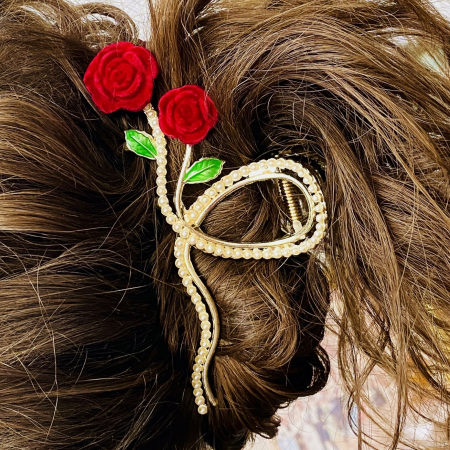 Clama Par Trandafiri Rosii & Perle, Agrafa de Par, Accesorii Par, Clama metal [5]