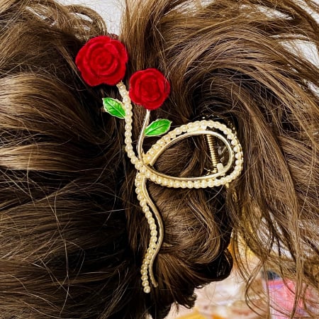 ACCESORII PAR - Clama Par Trandafiri Rosii & Perle, Agrafa de Par, Accesorii Par, Clama metal