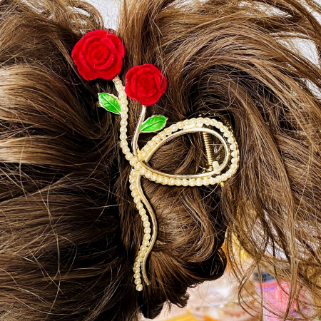 Clama Par Trandafiri Rosii & Perle, Agrafa de Par, Accesorii Par, Clama metal [2]