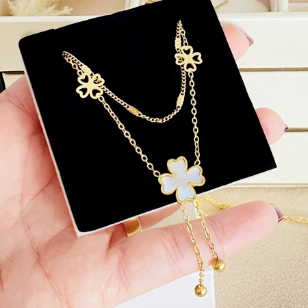 Colier Dublu Trifoi - Otel Inoxidabil, Lantisoare Coliere Dama, Bijuterii Inox [3]