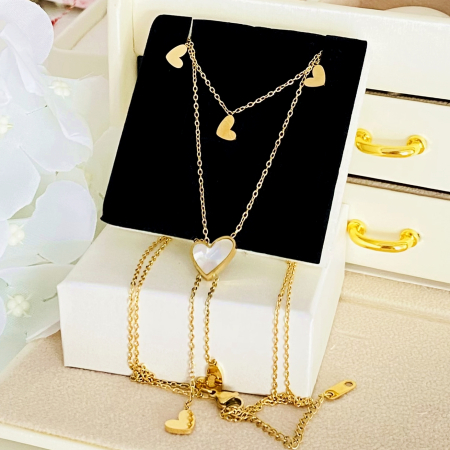 COLIERE Otel Inoxidabil - Colier Dublu Inima - Otel Inoxidabil, Lantisoare Coliere Dama, Bijuterii Inox