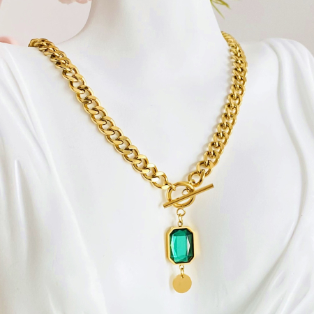 Colier Cristal Verde - Otel Inoxidabil, Lantisoare Coliere Dama, Bijuterii Inox [3]