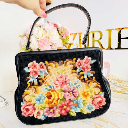 Geanta Vintage Goblen Flori & Piele Naturala, Genti Vintage [2]