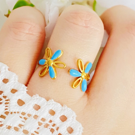 Inel Reglabil Flori Albastre, Inele Otel Inoxidabil, Inele Dama [4]