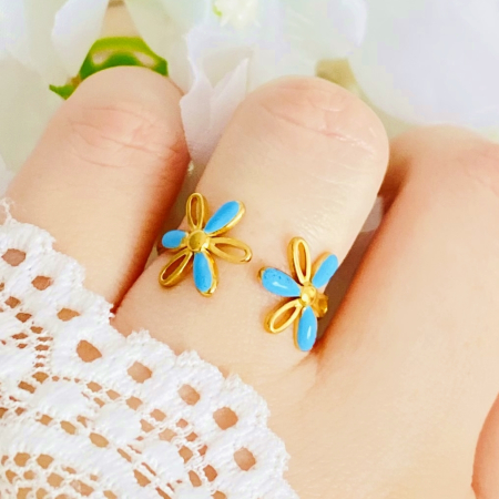 INELE Otel Inoxidabil - Inel Reglabil Flori Albastre, Inele Otel Inoxidabil, Inele Dama