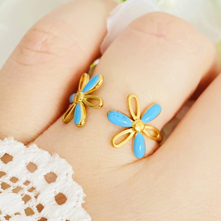 Inel Reglabil Flori Albastre, Inele Otel Inoxidabil, Inele Dama [2]