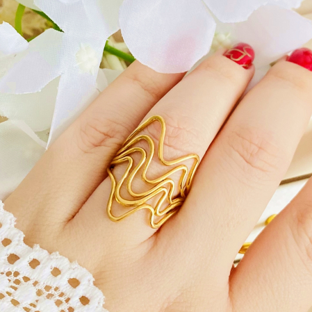 Inel Reglabil Valuri Aurii, Inele Otel Inoxidabil, Inele Dama [2]