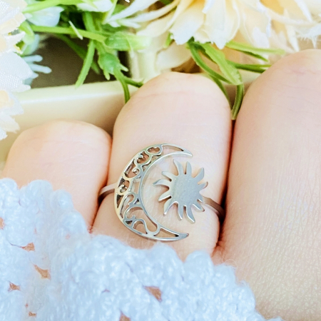 Inel Reglabil Luna Soare Argintiu, Inele Otel Inoxidabil, Inele Dama [5]